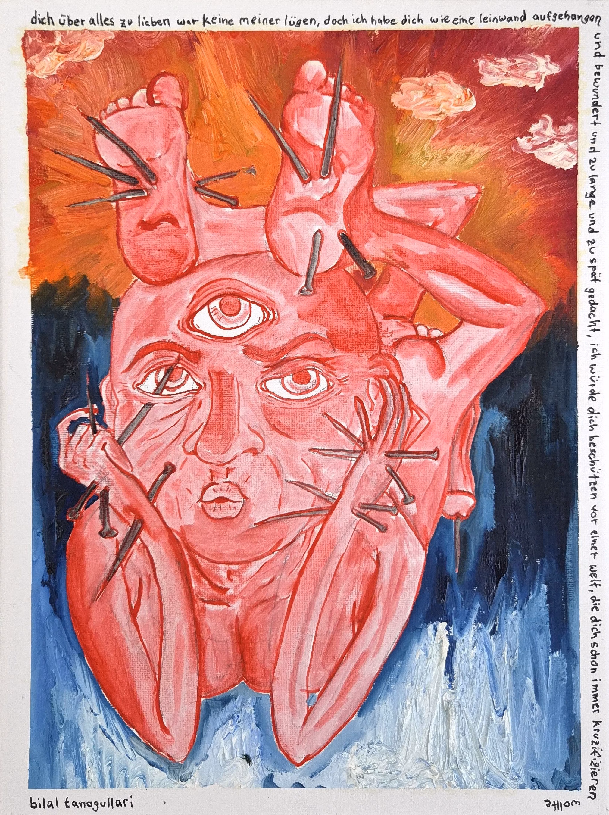 Acrylgemälde in Rot und Orange: Ein großes, rotes Gesicht mit einem dritten Auge auf der Stirn sowie die Hände und Füße einer verrenkten Figur im Hintergrund sind von zahlreichen schwarzen Nägeln durchbohrt. Text am Bildrand.