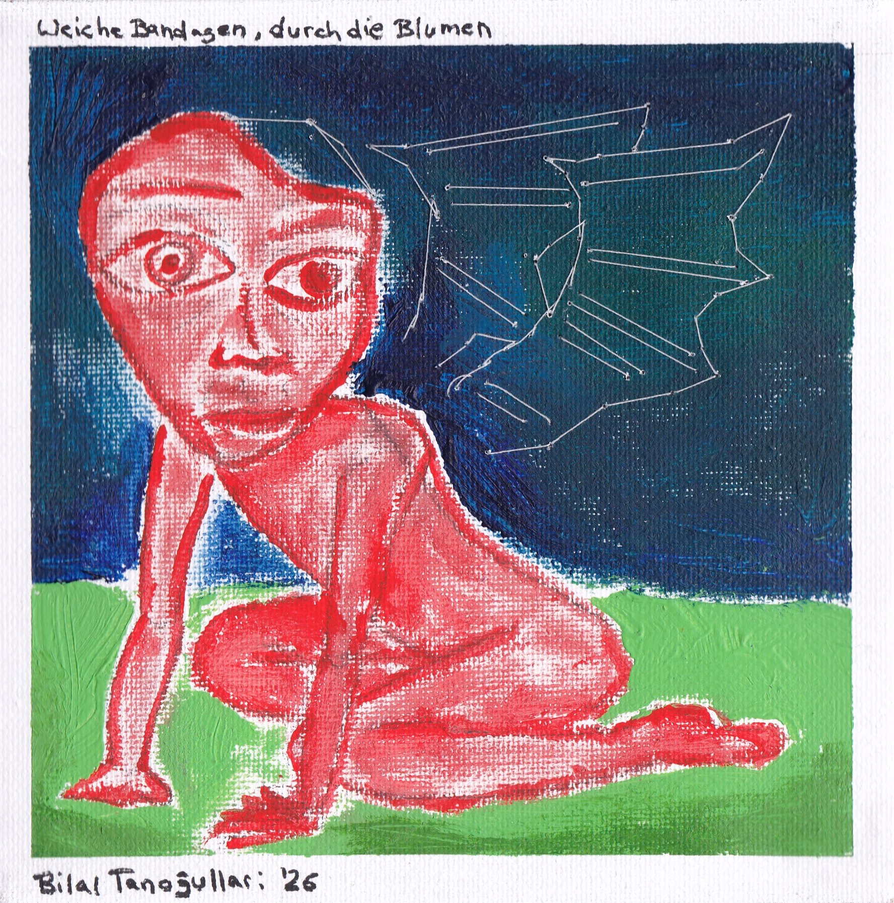 Eine rote, auf dem Boden kniende Figur blickt mit großen Augen nach links, während im dunklen Hintergrund feine, geometrische Linien angedeutet sind.