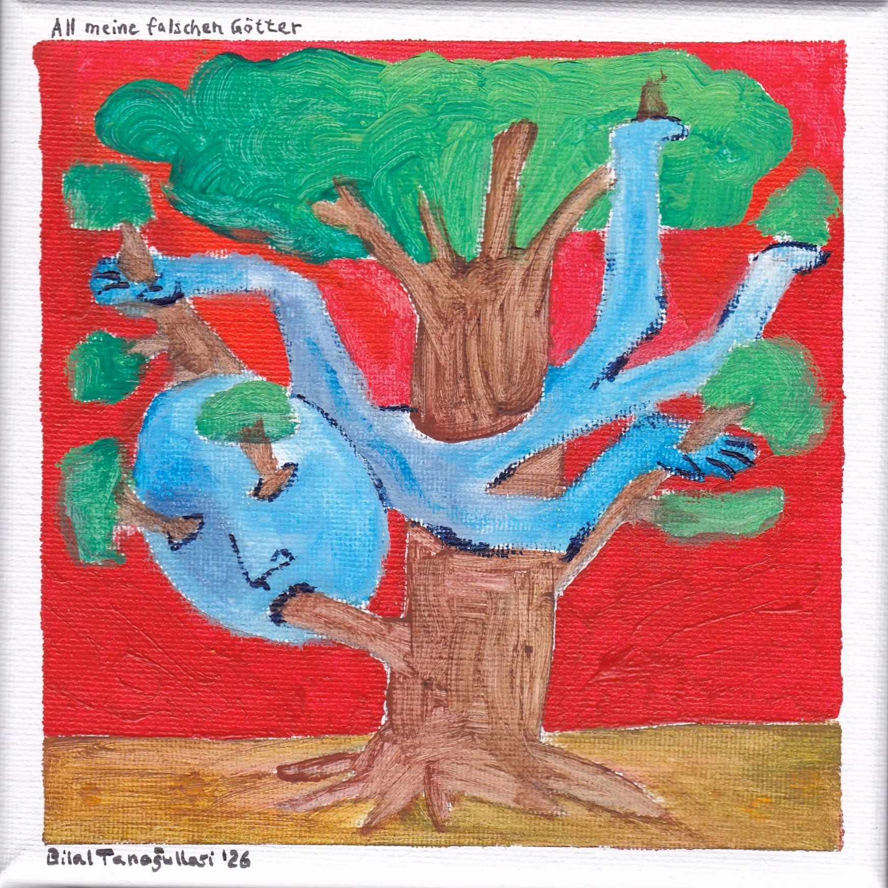 Expressionistisches Gemälde mit dem Titel „All meine falschen Götter“. Eine blaue, mehrarmige Figur mit einem großen Gesicht ist untrennbar mit den Ästen und dem Stamm eines grünen Baumes vor knallrotem Hintergrund verflochten.