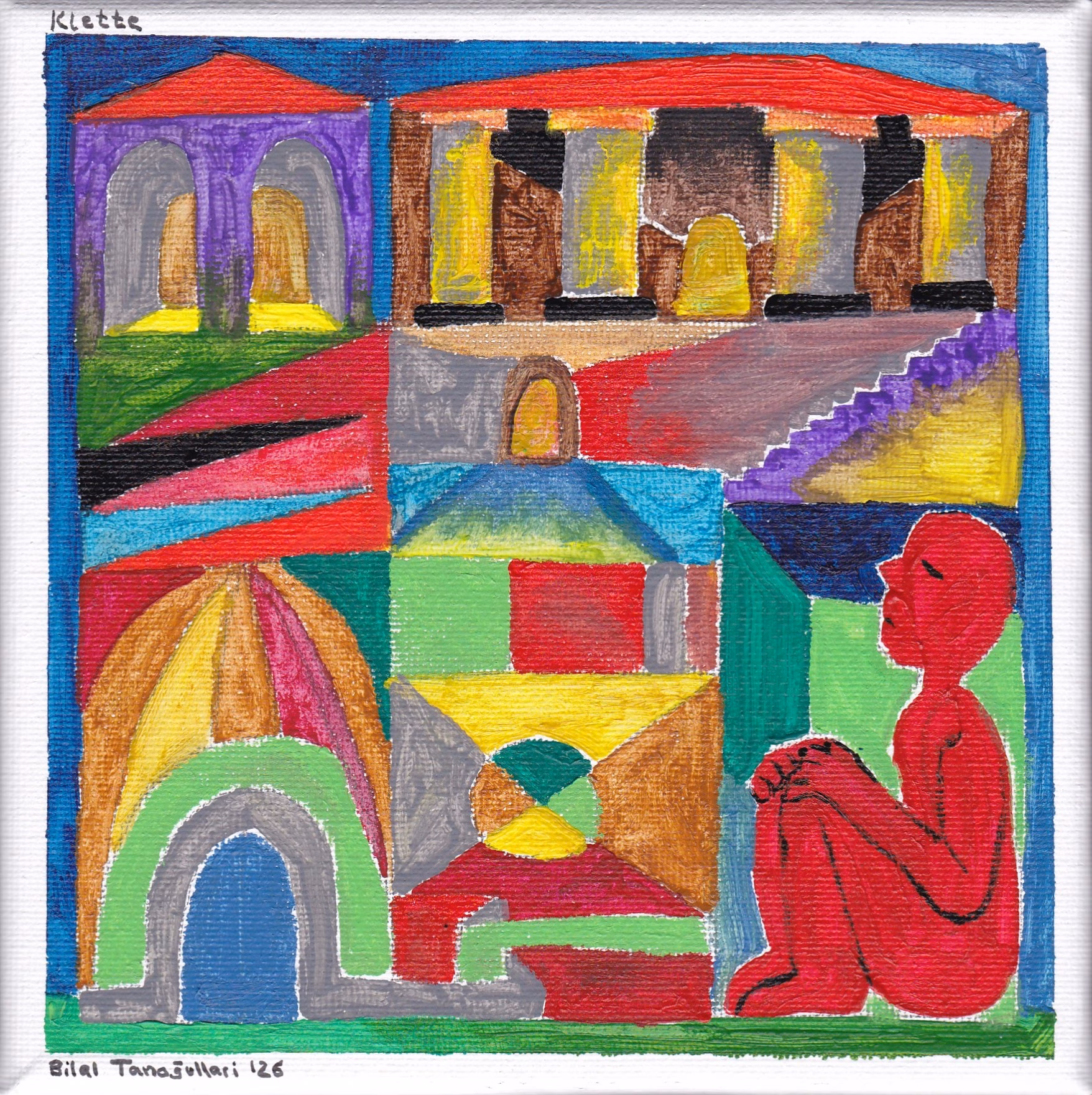 Abstraktes, buntes Gemälde: Eine rote, hockende Person blickt nach oben auf eine Architektur aus geometrischen Formen und Bögen.