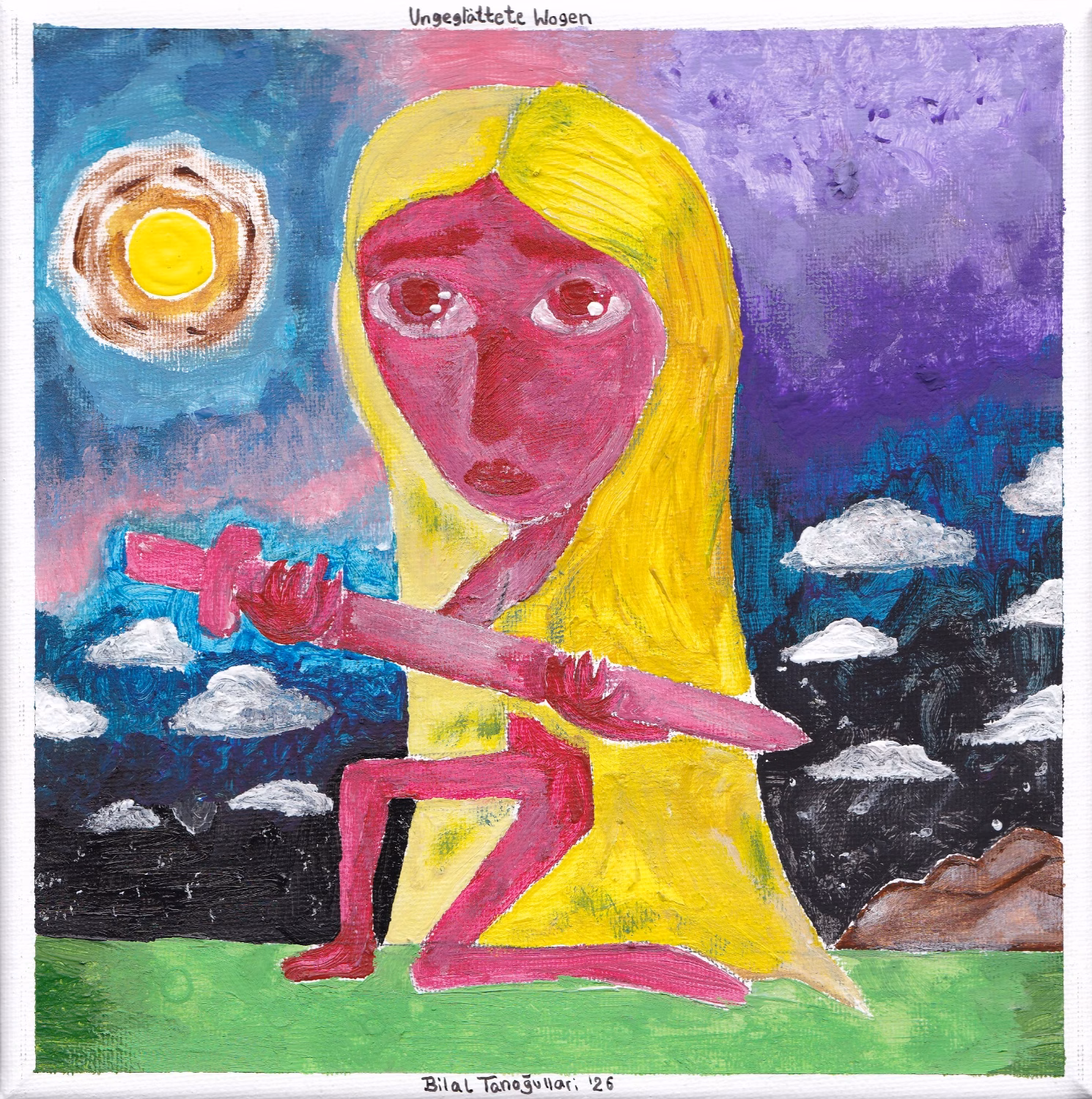 Naives Gemälde einer knienden, rosafarbenen Figur mit langem blonden Haar, die ein rosa Schwert vor einer nächtlichen Wolkenlandschaft hält.