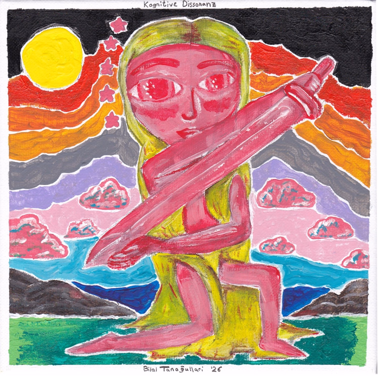 Eine kniende, rosafarbene Figur mit langem, hellgelbem Haar hält ein großes rosa Schwert schräg vor dem Oberkörper, umgeben von einer bunten, surrealen Landschaft mit einer leuchtend gelben Sonne.