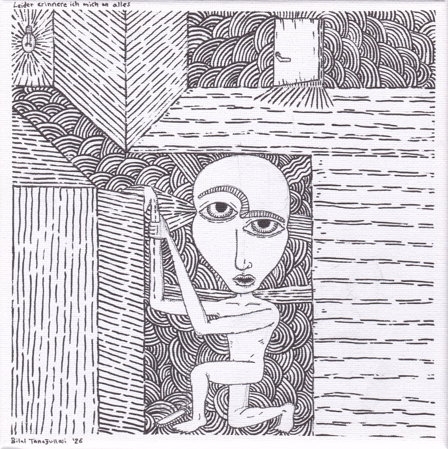 Eine surreale Schwarz-Weiß-Grafik, die eine nackte, stilisierte Figur mit großen Augen in einer verschachtelten, wellen- und linienartig gemusterten Raumstruktur zeigt, während sie sich an einem Pfosten festhält.