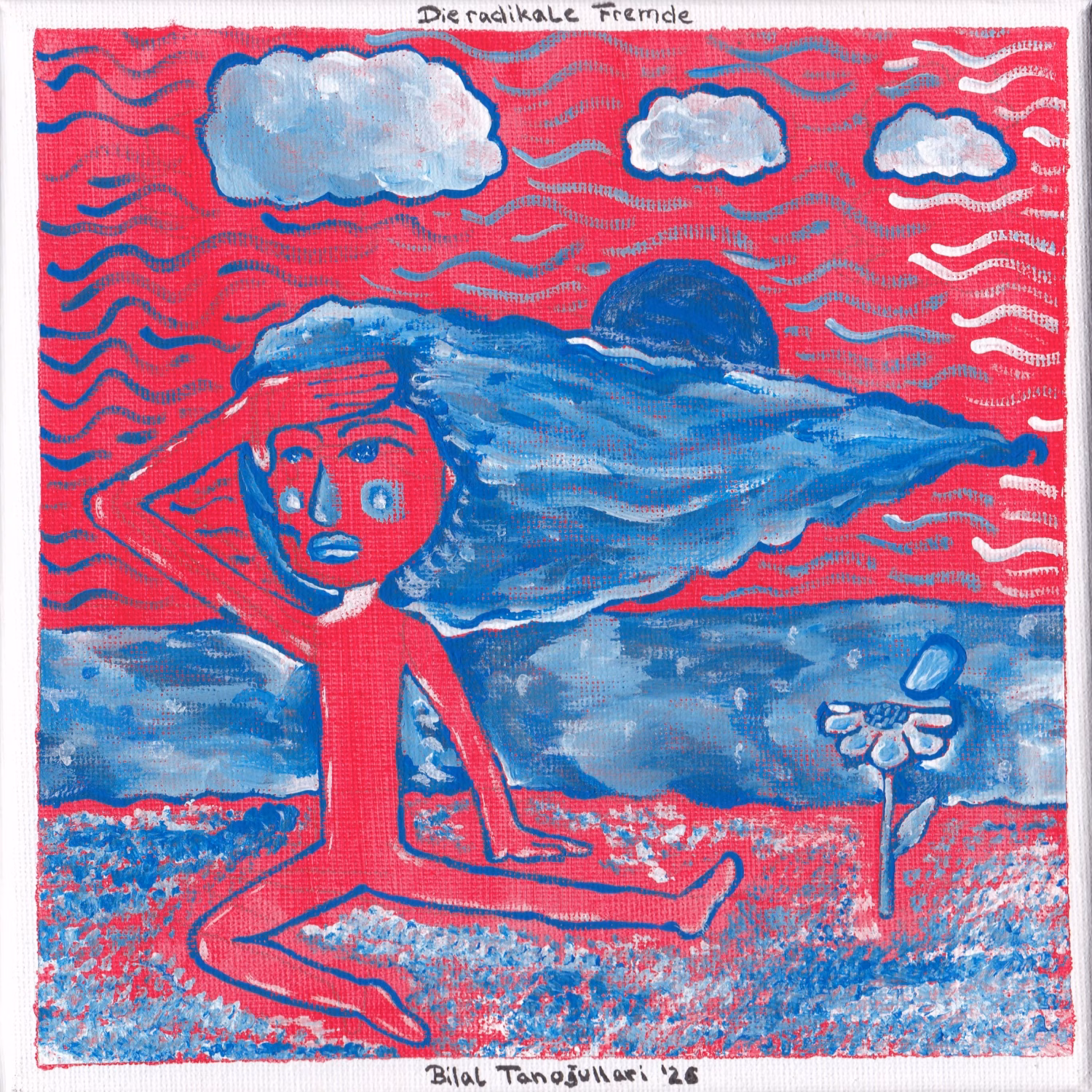 Eine stilisierte rote Figur sitzt suchend in einer rot-blauen Traumlandschaft vor dem Meer und Wolken.